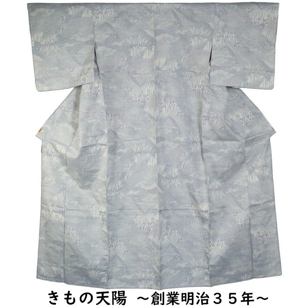 単衣 着物 紬 入山に植物模様 乳白色・白鼠色系 Sサイズ 紬 【中古 単衣 着物 紬 リサイクル 紬 着物 中古 紬 正絹 リサイクル着物 単衣 紬 つむぎ 紬地 ひとえ 単衣着物 】