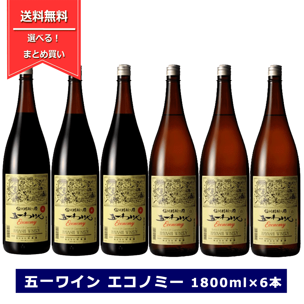 組み合わせ選べる！ 五一ワイン 林農園 エコノミー 1800ml &times; 6本 economy 選べる 赤白 ワインセット 一升瓶 長野ワイン 送料無料 国産ワイン 赤ワイン 白ワイン 一升瓶ワイン 飲み比べセット｜てっぱJAPAN
