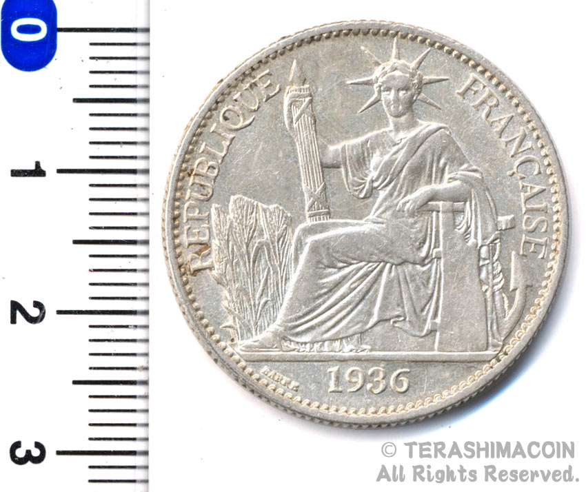 フランス領　インドシナ　50セント銀貨　1936　VF（＋）　【寺島コイン】