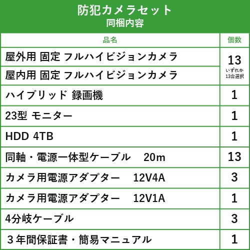 23インチモニター付属 監視カメラ 13台 16ch Fixレンズ Hd Tvi Hdd4tb付属 から選択 ドーム型 ハードディスクレコーダー バレット型 屋内用 屋外用 監視カメラセット 赤外線付き 遠隔監視可 防犯カメラ 防犯カメラセット 日本製 13台