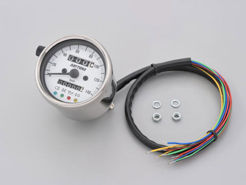 デイトナ（DAYTONA） インジケーター付き 機械式スピードメーター φ60 140km/h ホワイトLED照明 ステンレスボディ/ホワイトパネル 15639