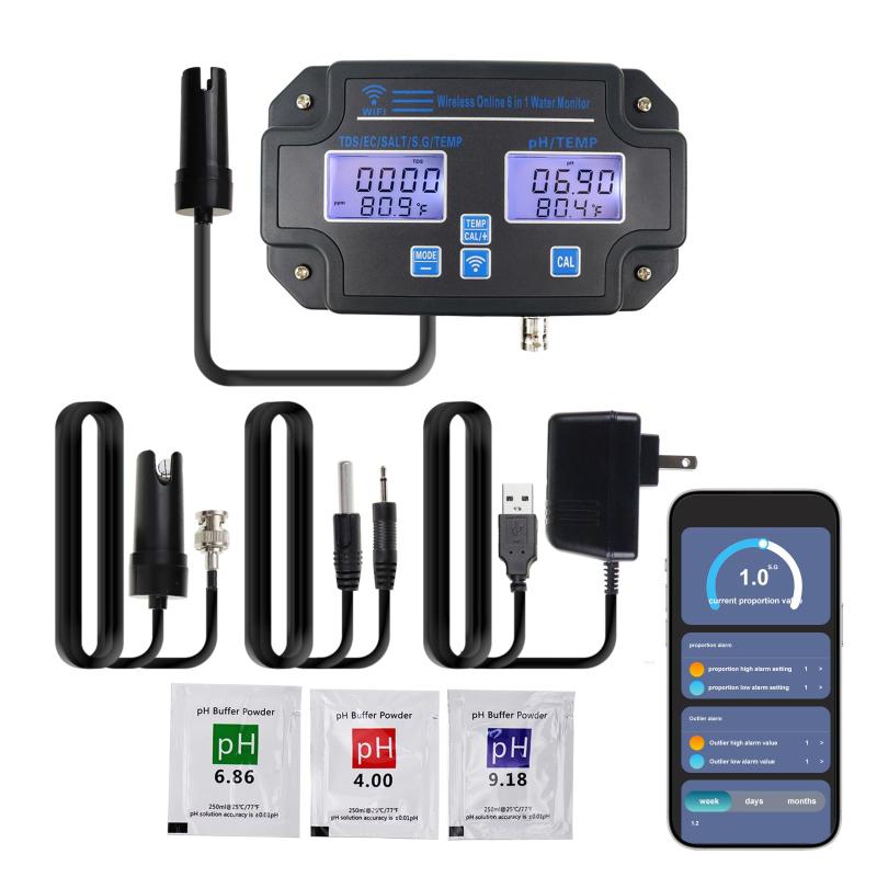 水栽培用EC pHモニター、Wi-Fi付き6 in 1水質テスター、pHメーターテスター、室内DWC栽培システムのpH PPM EC CF湿度温度の継続モニター、ハイドロリザーバータンク|テラスストア