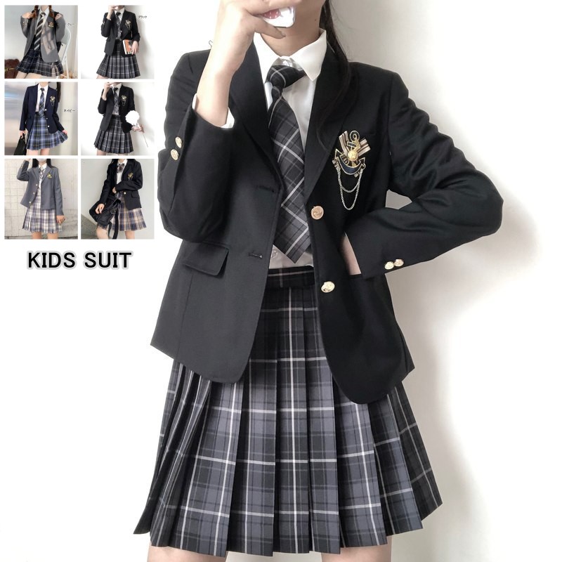 卒業式 スーツ 制服 女の子 子供服 キッズ フォーマルスーツ 5点セット 入学式 小学生 女子 中学生 韓国 ブレザー 高校生 JK ジャケット 白シャツ リボン 黒 グレー スカートスーツ