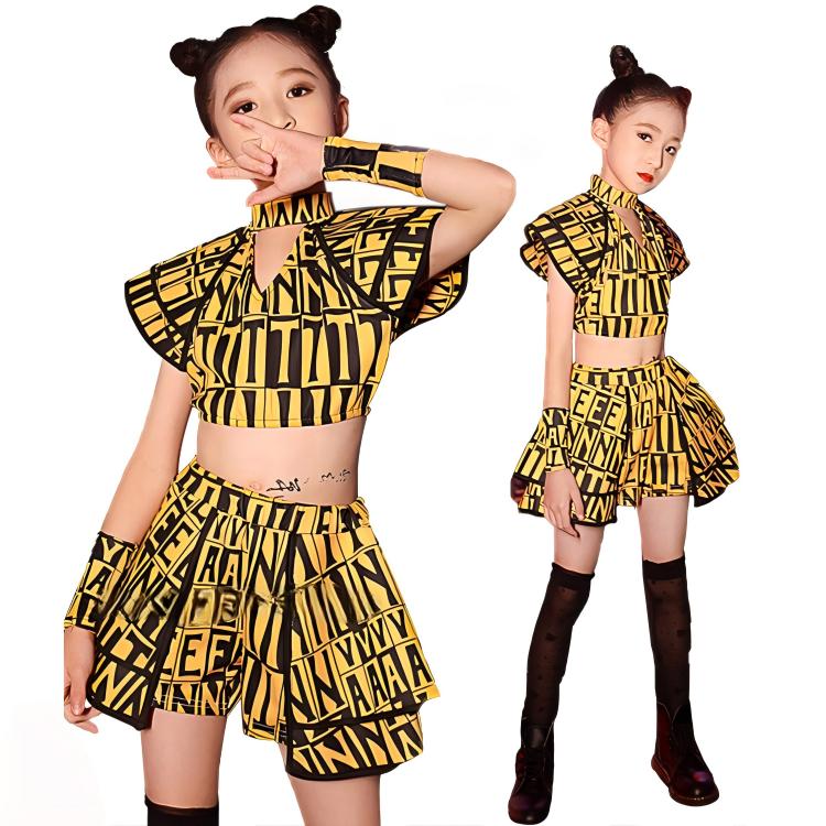 ジャッズダンス 女の子 キッズダンス衣装 セットアップ ガールズ へそ出し パンツ ステージ 衣装 ダンス衣装 キッズ K-POP 演出服 アイドル衣装 黄色 舞台服 JAZZ キッズダンス