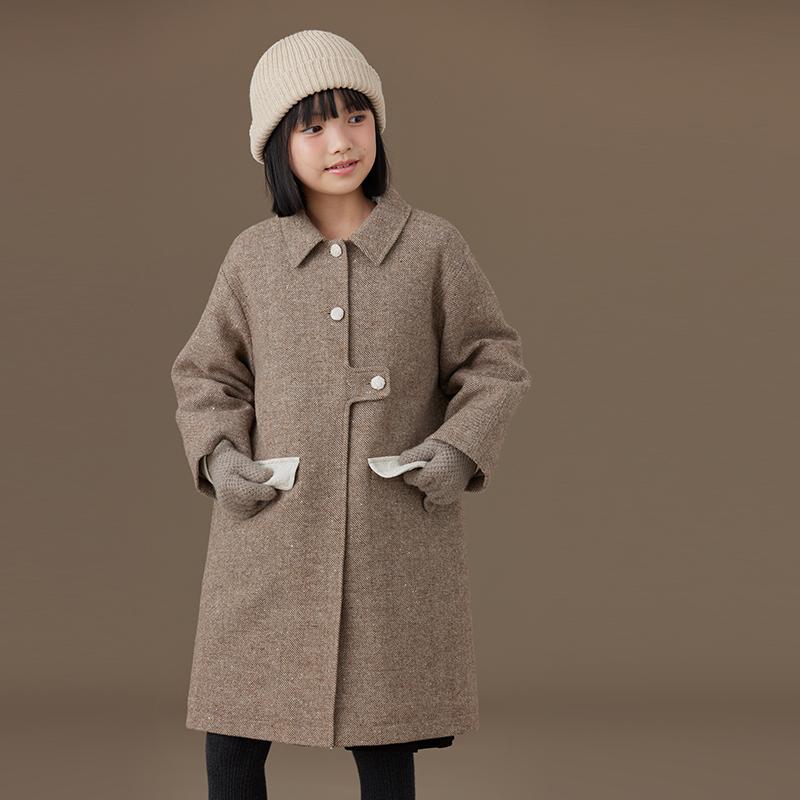 子供服 秋冬 コート ミドル丈 女の子 ウール ファッション 厚手 防寒 カジュアル ブラウン 保温 おしゃれ|TGK-SHOP