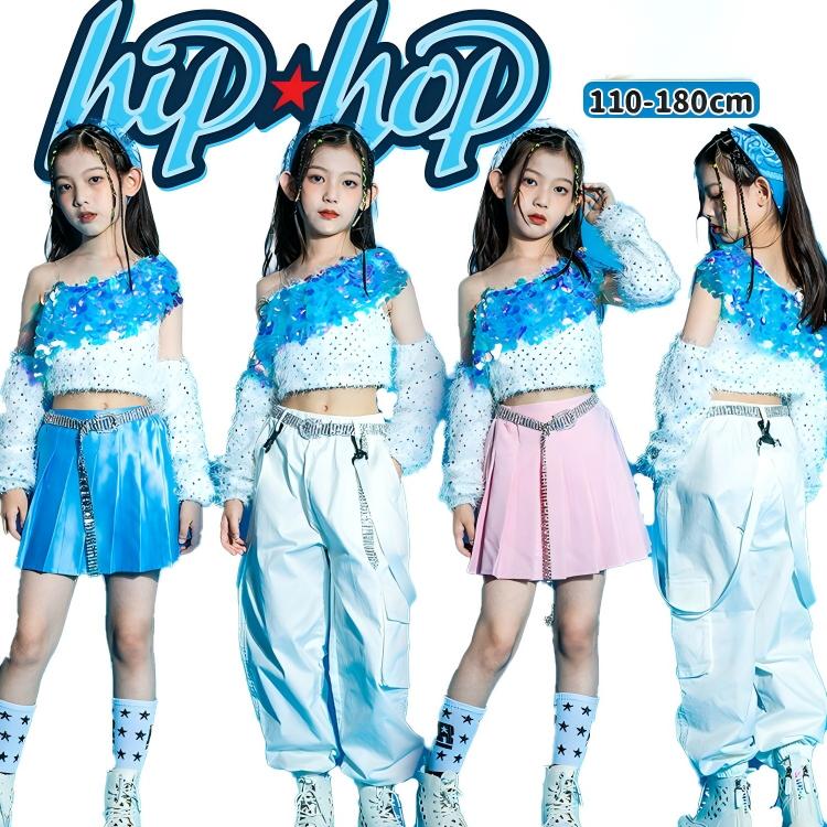 スパンコール キッズダンス衣装 女の子 子供服 ホワイト キャミソール キラキラ レーザー 片袖 ズボン 光沢感 ブルー シルク風 ピンク スカート 可 ヒップホップ k-pop へそ出し