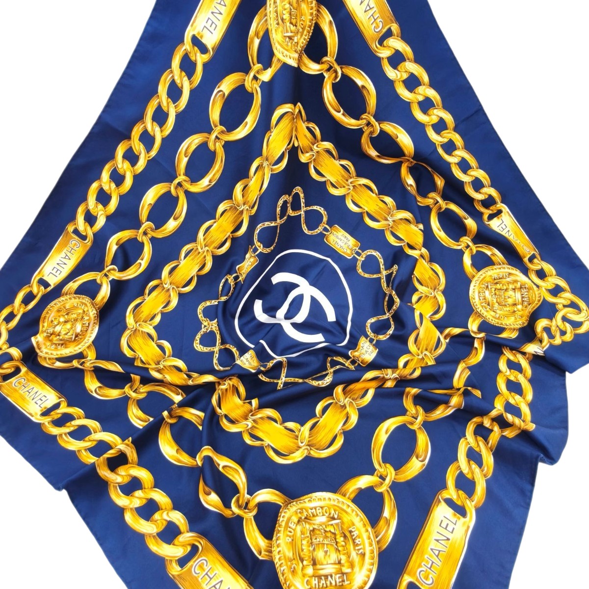 CHANEL 青色 チェーン柄 スカーフ チェーン柄スカーフ⭐️シャネル】 CHANEL シルクスカーフ