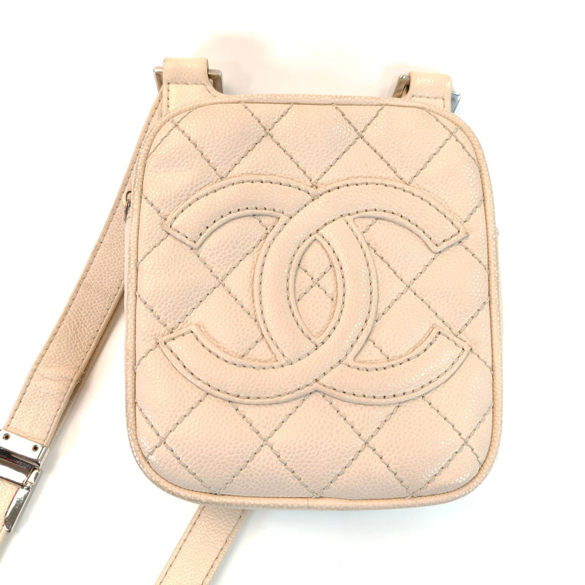CHANEL シャネル マトラッセ ショルダーバッグ ポシェット ミニバッグ キャビアスキン ベージュ 管理番号：10685