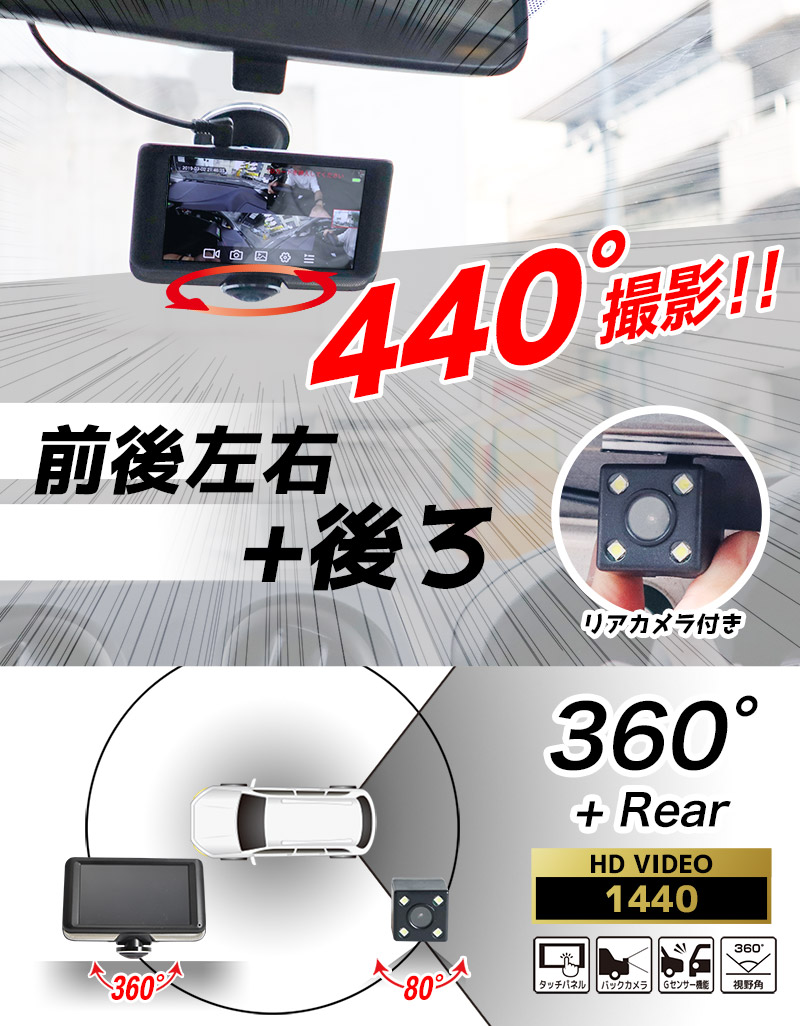 楽天市場 公式 5インチ360度ドライブレコーダー リアカメラ Thcarvr36r フロント リア 全方向 フルhd パーキングモード 動作検知 ドラレコ 煽り運転 証拠 送料無料 サンコーレアモノショップ