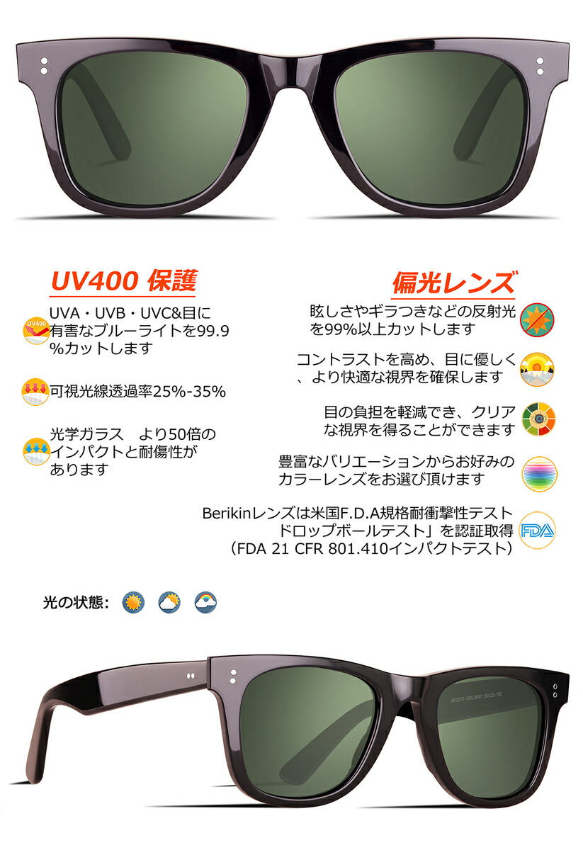 楽天市場 Berikin 偏光サングラス ウェリントン ユニセックス メンズ レディース Uv400 Uvカット ブラック グリーンレンズ The Answer