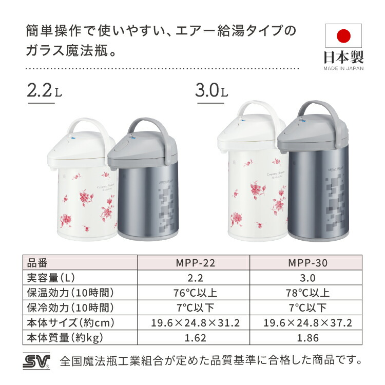 ピーコック エアーポット 保温 保冷 2.2L 真空二重構造 保温ポット エアー給湯 回転底 まほうびん 日本製 ガラス魔法瓶 ポット 敬老の日  プレゼント ギフト おじちゃん おばあちゃん 保温保冷 魔法瓶 アーバン カントリーフラワー MPP-22 【在庫僅少】