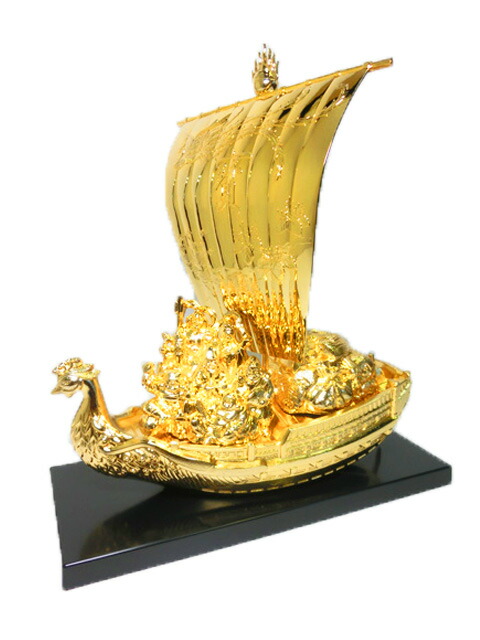 開運 鳳凰 七福神 宝船 合金製（H38ｃｍ、純金メッキ）＜開運・幸運のインテリア置物＞台座・化粧箱付 宝舟