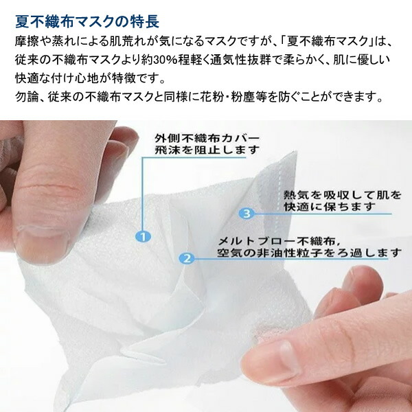 楽天市場 サマーマスク 夏用 不織布 50枚入 大人 使い捨てマスク フェイスマスク 3層構造 感染対策 涼しい 飛沫予防 箱 白 ホワイト 日本企画 ハシエンダ