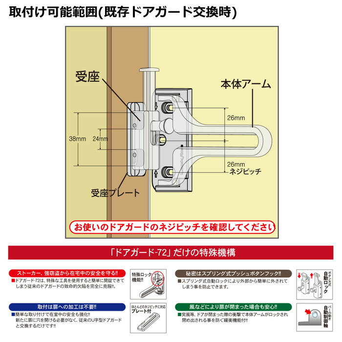 楽天市場 ドアガード Inaho 72 内締り防犯ロック付 強力u字ロック 外開きドア用 汎用取替え型 フキ Fuki イナホ Inaho The Kagi堂