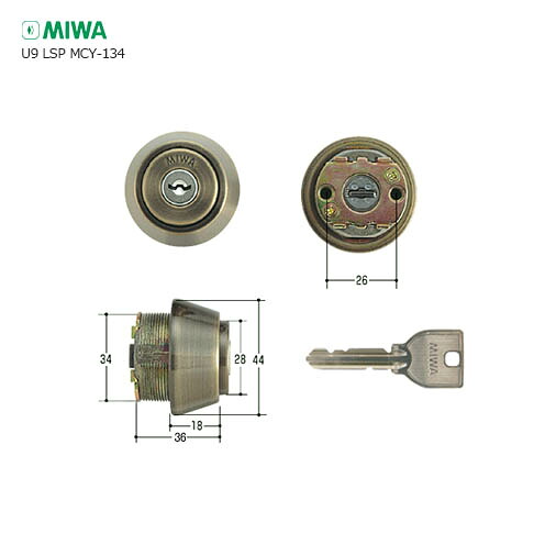 MIWA U9 TE18.CY 扉厚40-43粍 SA 金古美色 足懸かり3本付 LSP手合い用 U9円柱【美和ロック ミワ 検査と修理部分品】