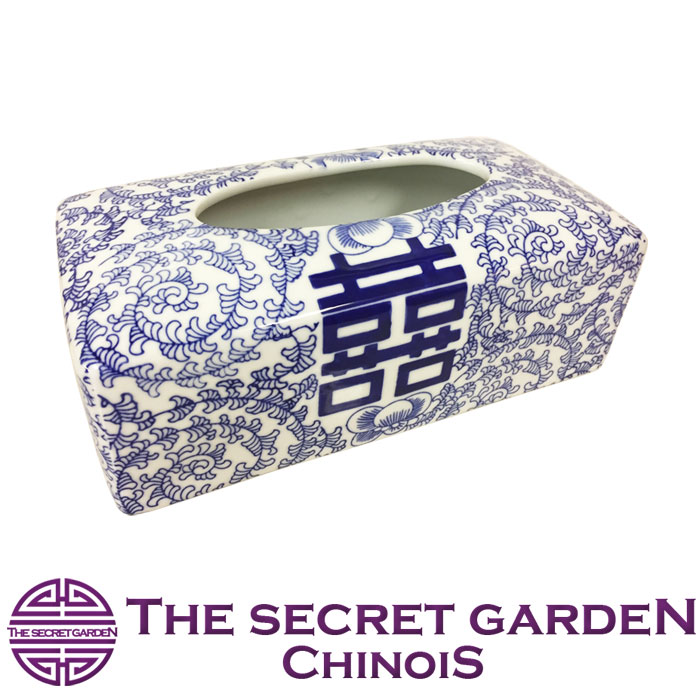 ティッシュケース ダブルハピネス シノワズリ Blue & White ・具 双喜紋 ティッシュボックス カバー 青花 青白陶器 ブルー ホワイト 景徳鎮風 アンティーク調 サニタリー THE SECRET GARDEN TB2