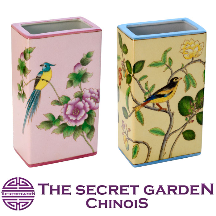 シノワズリ 花器 花瓶 スクエア 飾り壺 陶器 フラワーベース ジンジャー 花鳥柄 手描き 手塗り オールハンドペイント 中国古典 店舗什器 インテリア雑貨 アンティーク調 THE SECRET GARDEN VM1|THE SECRET GARDEN CHINOIS