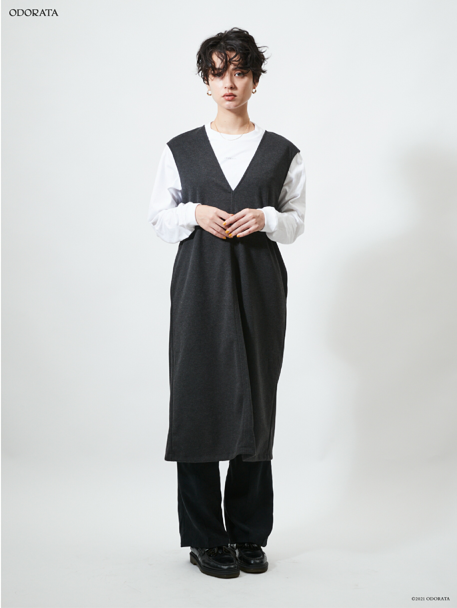 楽天市場 Vネックワンピース ノースリーブ ワンピース レディース レイヤード Charcoal チャコールグレー Bordeaux ボルドー フリーサイズ 大人カジュアル 秋 冬 新作 トレンド 21 Odorata オドラタ Odorata