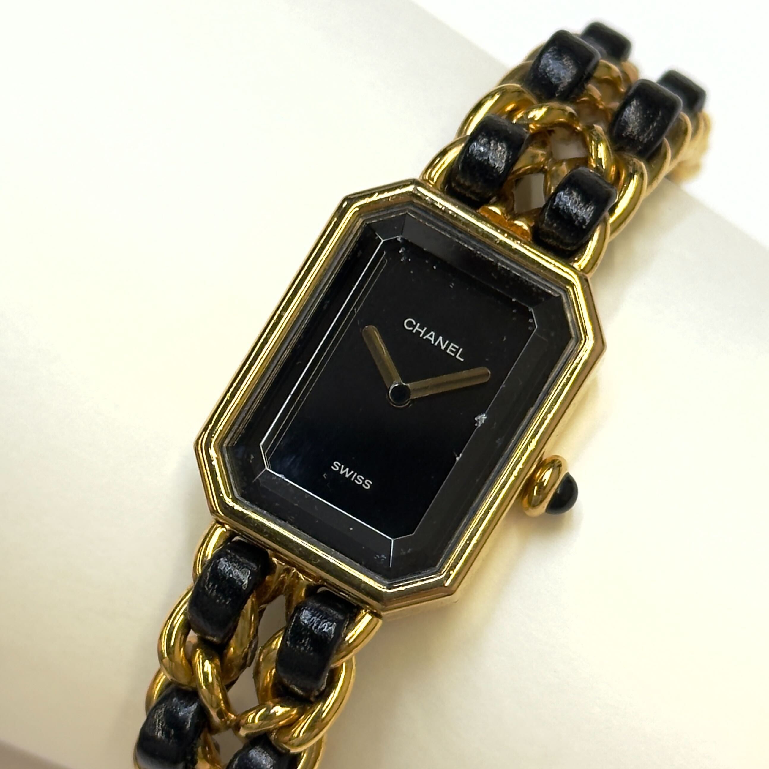 【中古】 CHANEL シャネル プルミエール M大きさ 石英 レディースウオッチ GP×なめし革 黒文字盤 ヴィンテージ 飛び切り時辰儀