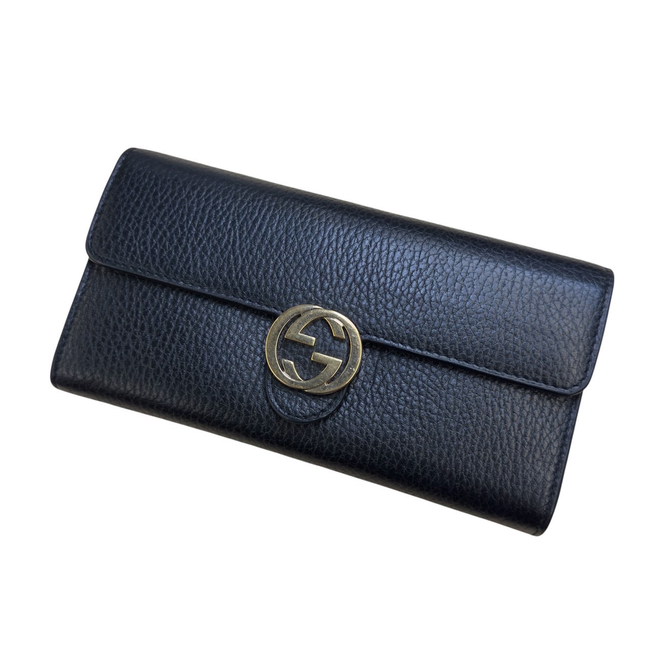 【貨物輸送無料】GUCCI グッチ インターロッキングG コンチネンタルウォレット 逃げ道 長紙入れ  なめし革 ノワール【中古】