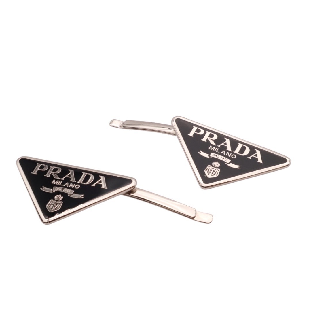 【貨物輸送無料】プラダ PRADA ３角形ロゴタイプ 金属元素 髪の毛いの一番 1IF051_2BA6_F0632 しろがね色×黒いこと 2本仕掛ける ヘアアクセサリーレディース メンズ【中古】