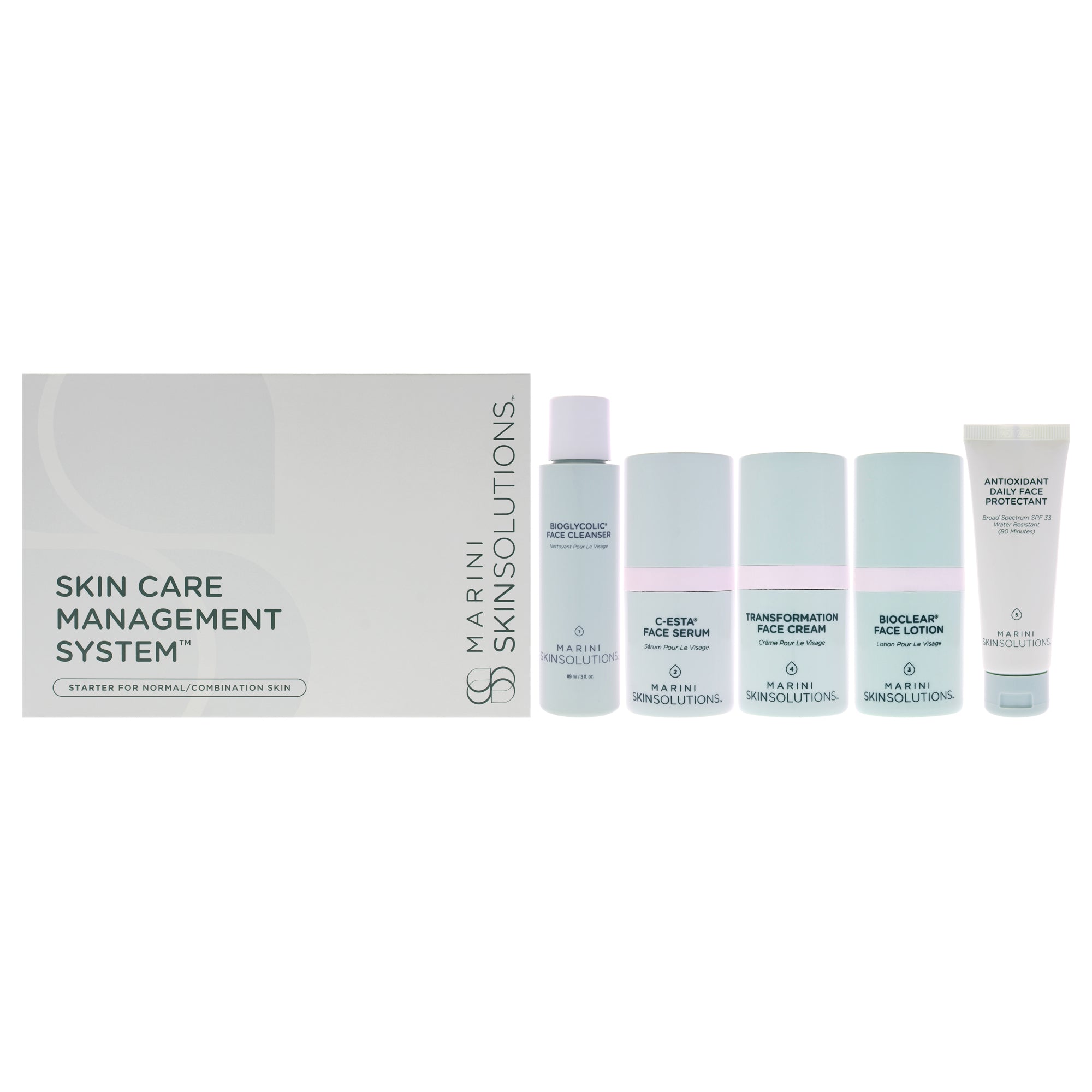 Marini SkinSolutions Skin Care Management System - Normal to Combination by Marini SkinSolutions for Unisex - 5 Pc 3oz Bioglycolic Face Cleanser, 0.5oz C-Esta Face Serum, 0.5oz Bioglycolic Bioclear Face Lotion, 0.5oz Transfomation Face Cream, 1oz Antioxid|The Beauty Club
