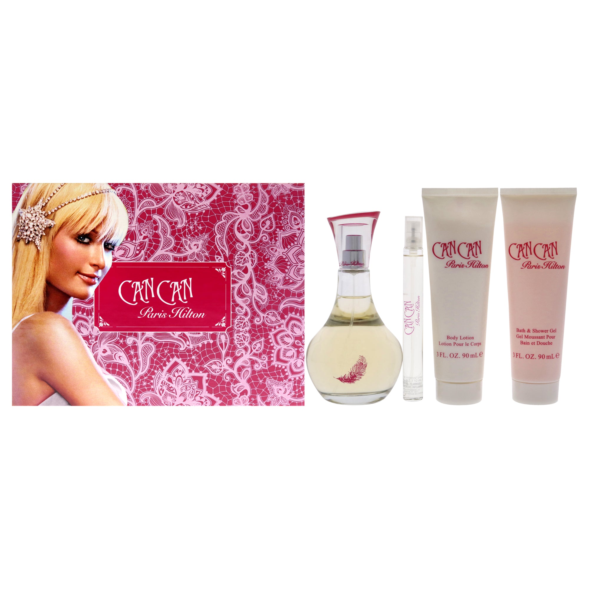 Paris Hilton Can Can by Paris Hilton for Women - 4 Pc Gift Set 3.4oz EDP Spray, 0.34oz EDP Spray, 3oz Body Lotion, 3oz Bath and Shower Gel｜The Beauty Club