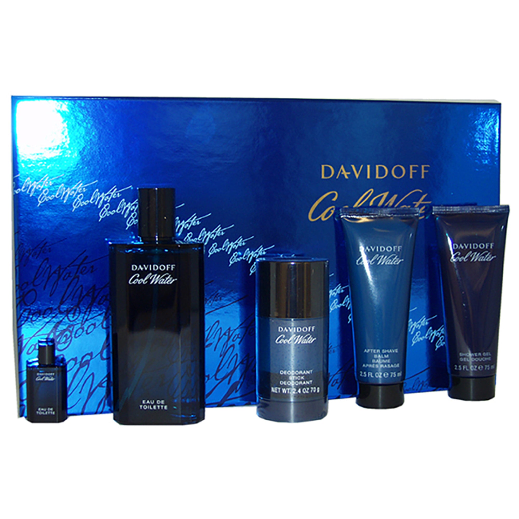 Davidoff Cool Water by Davidoff for Men - 5 Pc Gift Set 4.2oz EDT Spray, 2.5oz After Shave Balm, 2.5oz Shower Gel, 2.4oz Deodorant Stick, 5ml Mini EDT Splash｜The Beauty Club