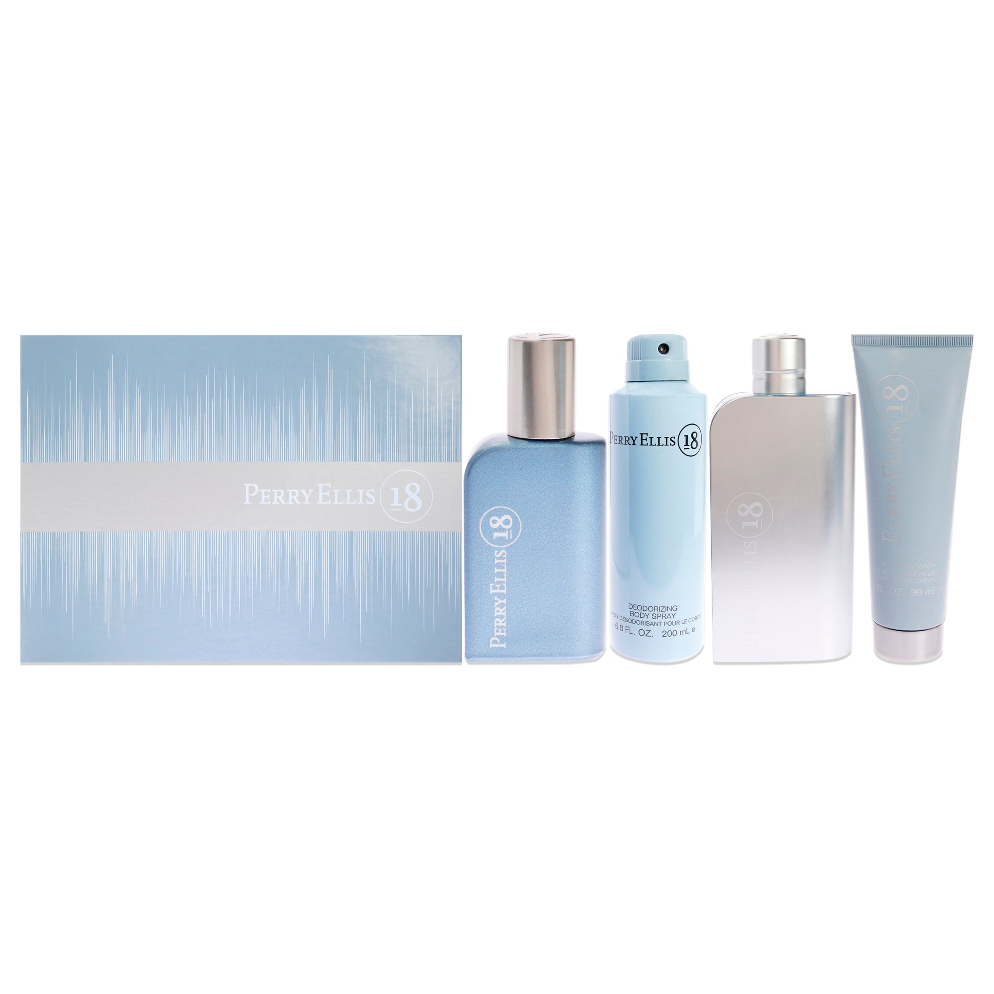 Perry Ellis Perry Ellis 18 by Perry Ellis for Men - 4 Pc Gift Set 3.4oz EDT Spray, 0.25oz EDT Spray, 6oz Body Spray, 3oz Hair and Body Wash｜The Beauty Club