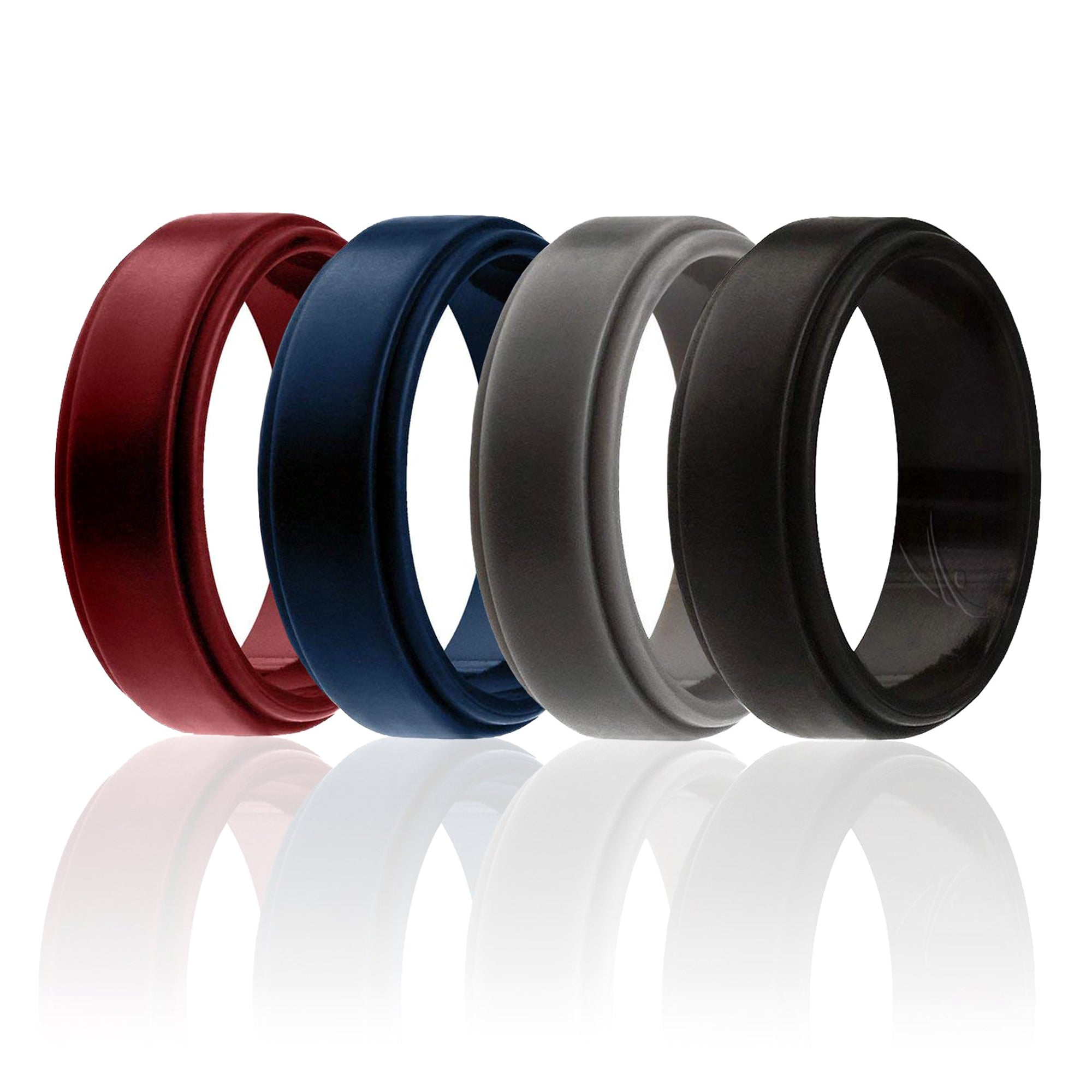 ROQ Silicone Wedding Ring - Step Edge Style Set by ROQ for Men - 4 x 7 mm Bordeaux, Black, Grey, Blue