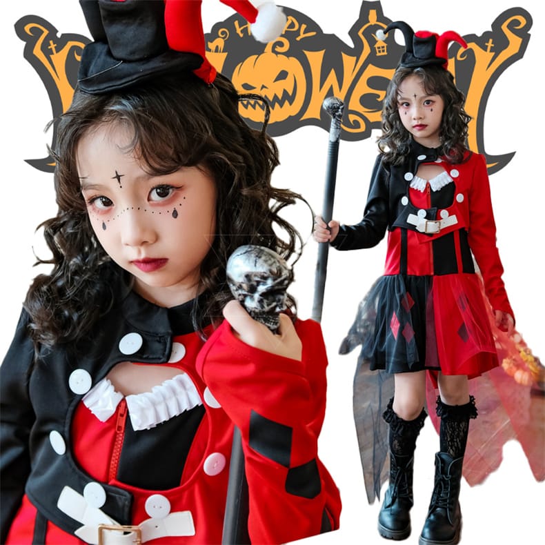 ハロウィン仮装 ピエロ 女の子 4点セット 赤 黒 ワンピース 魔女 トランプ仮装 帽子 プリンセス コスプレ キッズ 女の子 妖精 パーティー 仮装 キッズ 変装 魔法使い 子どもドレス エルフ cosplay コスチューム キッズ ワンピ 精霊