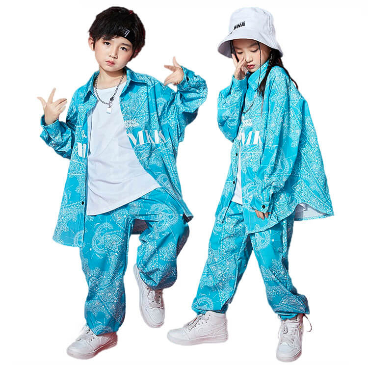 柄シャツ 長袖 パンツ 青 キッズダンス衣装 セット 子供服 ヒップホップ 衣装 男の子 女の子 ダンス 衣装 トップス パンツ ロング丈  練習着 ファッション 110 120 130 140 150 160 170 180 ザ・ブリッジ