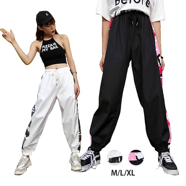 【黒 白 パンツ ズボン レディース ダンス 衣装 ダンス パンツ ヒップホップ 九分丈 サイド迷彩柄 サルエルパンツ パンツ ボトムス  練習着 舞台服 ジャズ ストリート系 ダンス パンツ ファション 運動服 ザ・ブリッジ