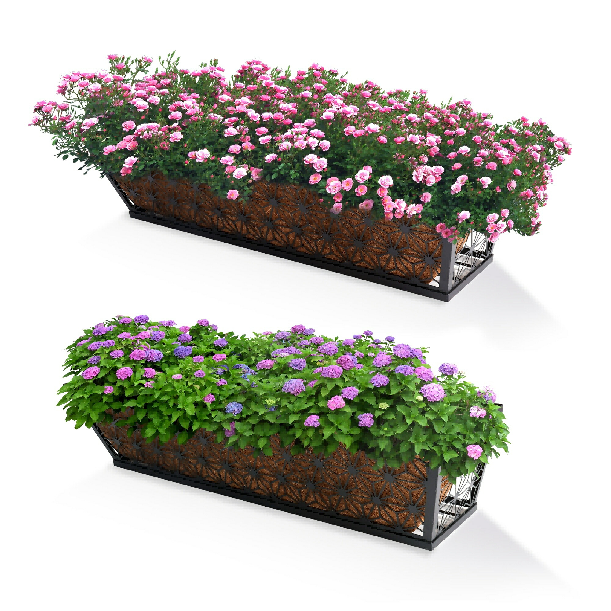 ＼週末限定★1000円OFFクーポン／ 2個セット ウィンドウ手すりプランター デッキブラックメタルハンギングフラワーポットバスケット手すりフラワーポット窓飼い葉桶ハンギングバスケットココナッツ裏地付き窓枠ボックス フェンス ポーチ バルコニー 屋外 屋内