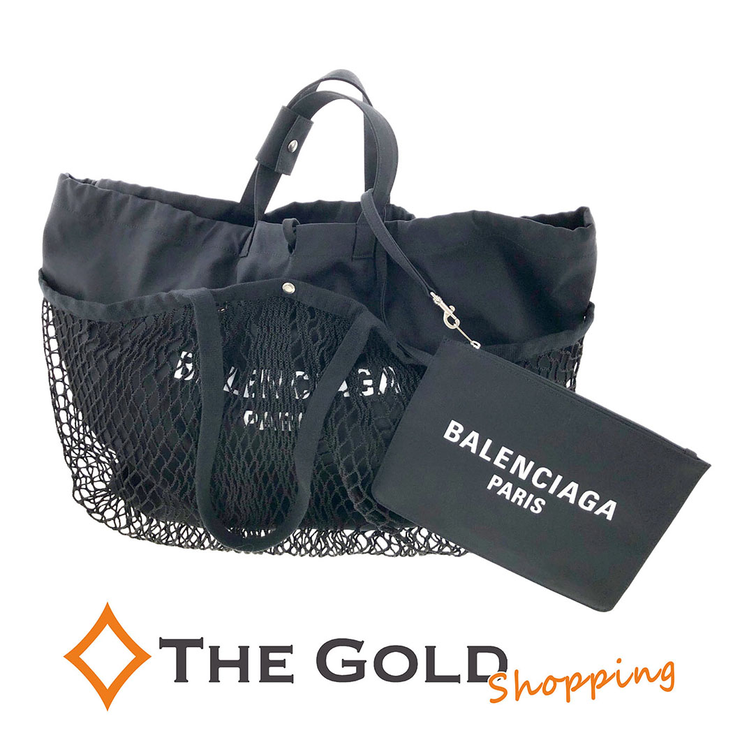 BALENCIAGA 24/7 トートバッグ L 791793 キャンバス フィッシュネット ドローストリング ブラック 男女兼用 バレンシアガ 【中古】 p2603