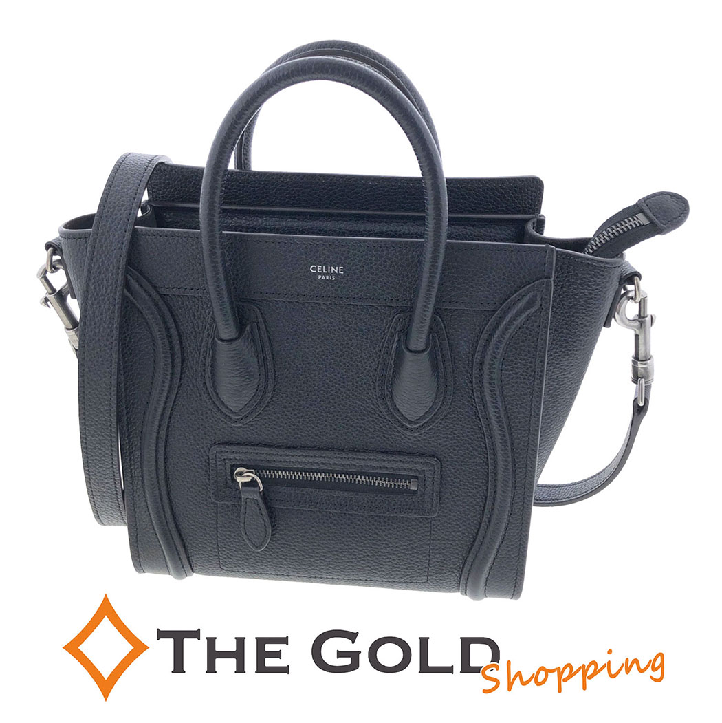 CELINE ラゲージ ナノショッパー 189243DRU.38NO ドラムドカーフスキン ブラック 2WAY ハンドバッグ ショルダーバッグ レディース セリーヌ 【中古】 p2604