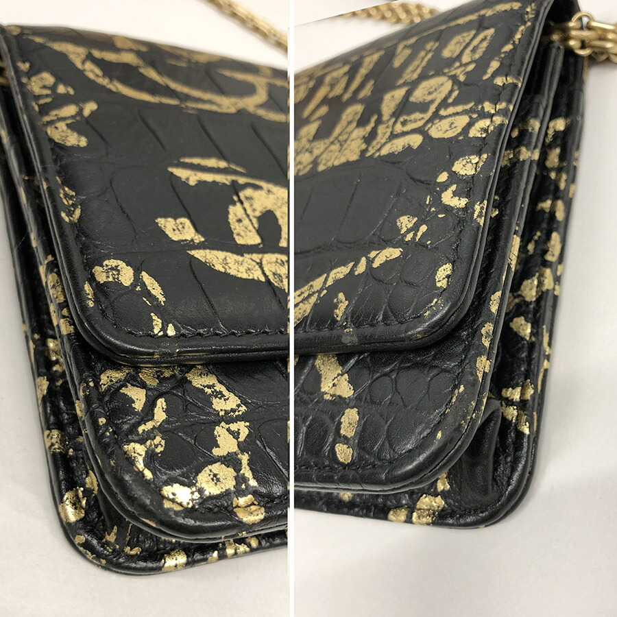 シャネル2.55チェーンウォレットA70328B00979グラフィティ柄型押しクロコ調レザー2019AW黒ブラックゴールドミニバッグCHANEL長財布【中古】