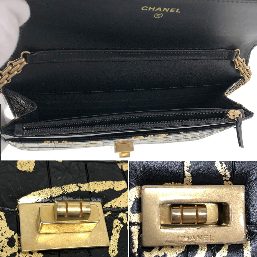 シャネル2.55チェーンウォレットA70328B00979グラフィティ柄型押しクロコ調レザー2019AW黒ブラックゴールドミニバッグCHANEL長財布【中古】