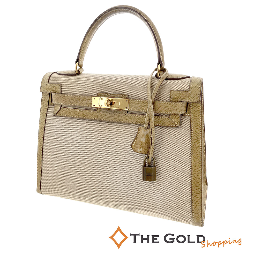 エルメス ケリー28 ヴィンテージ トワルアッシュ クシュベル ベージュ系 ブラウン系 キャンバス レザー ハンドバッグ HERMES 【中古】 p2602|THE GOLD ショッピング