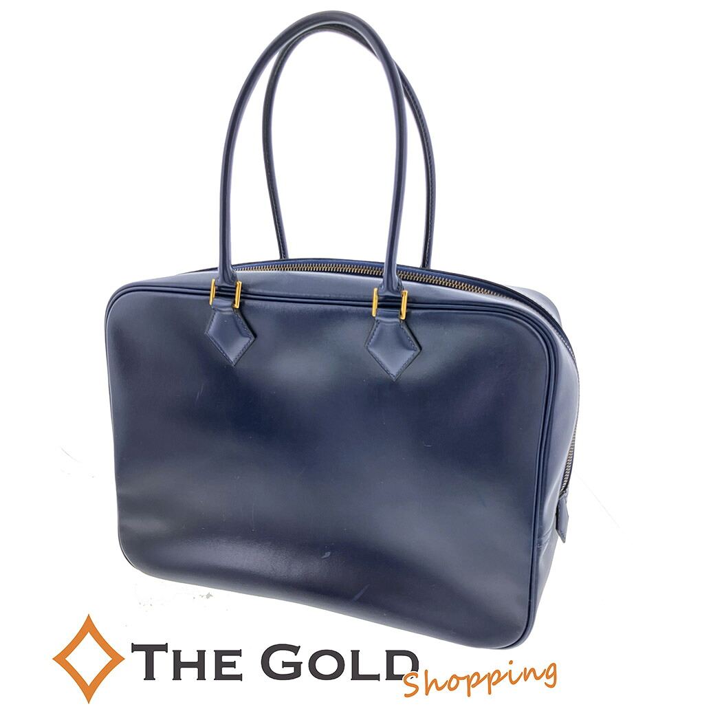 エルメス プリュム32 □A刻印 ブルー系 ボックスカーフ レザー 青色 トートバッグ HERMES 【中古】