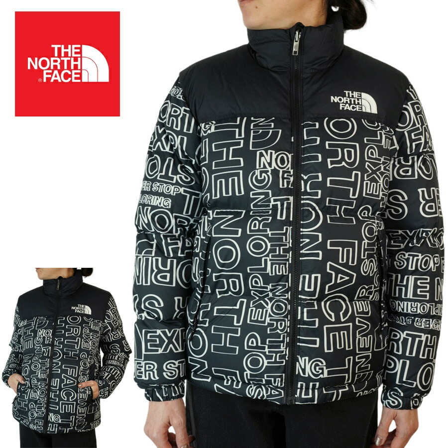ノースフェイス THE NORTH FACE ティーン レディース ダウンジャケット TEEN 1996 RETRO NUPTSE JACKET キッズサイズ 1996 レトロ ヌプシジャケット 黒 ブラック 総柄 ロゴ ハーフドーム アウトドア アウター キャンプ