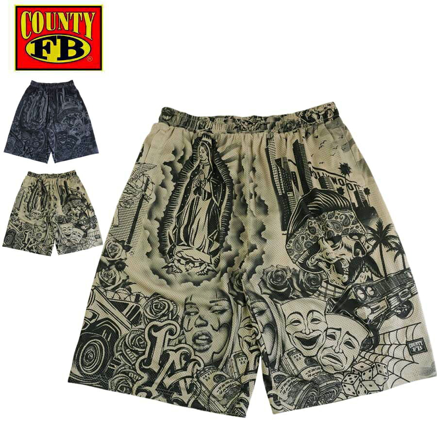 FB COUNTY エフビーカウンティーメンズ グラフィティカモ メッシュショーツSKNJ-2854 GRAFFITI CAMO MESH SHORTSグラフィティカモ タン ブラック ベージュ 黒チカーノ グアダルーペ 2face ストリート ウエストコースト ルーズ｜THE MATERIAL WORLD