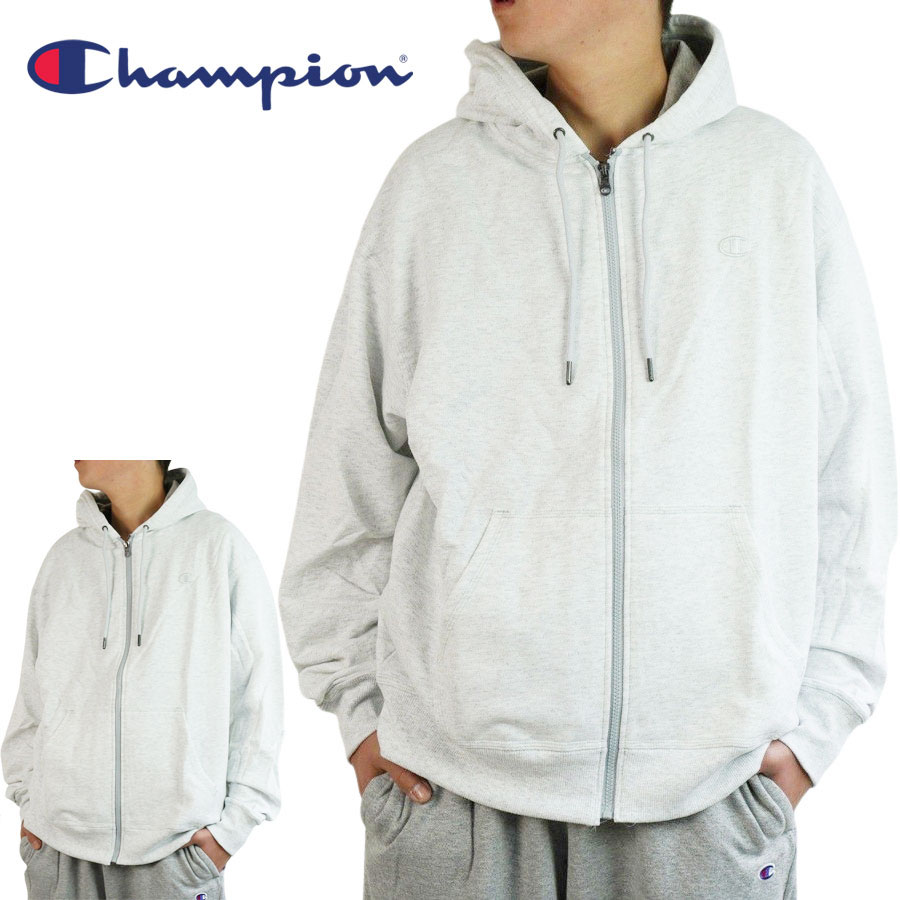 チャンピオン CHAMPION メンズ パーカー S0891 POWERBLEND FLEECE ZIP SWEAT HOODIE パウダーブレンド フリースジップ スウェットフーディ HEATHER WHITE(ヘザーホワイト) スウェット スエット フード付き ロゴ ジップ 杢 ベージュ シンプル