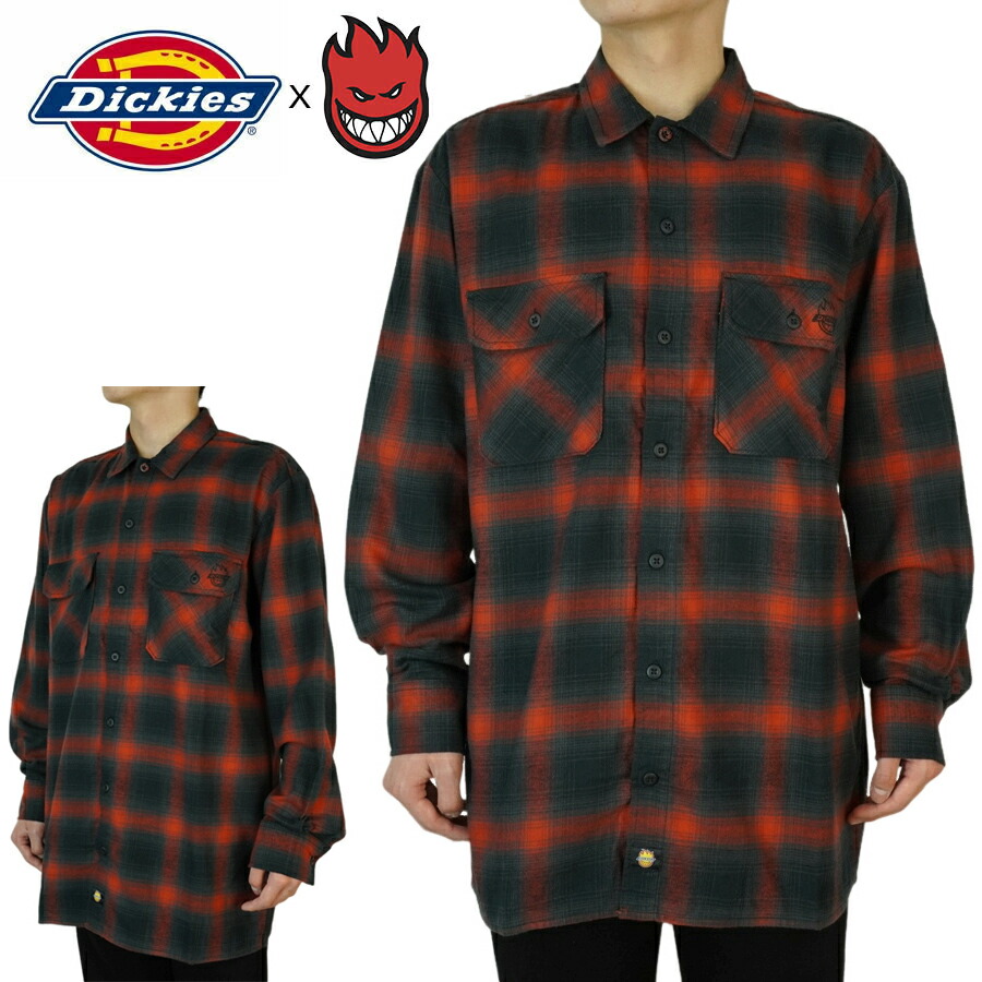 DICKIES ディッキーズ メンズ 長袖シャツ ディッキーズ × スピットファイア ウーブン プレイド フランネル シャツ DICKIES ｘ SPITFIRE WOVEN PLAID FLANNEL SHIRT レッド チャコール ブラック 黒 紺 赤 スケーター TATOO ローライダー 作業着 大きめ