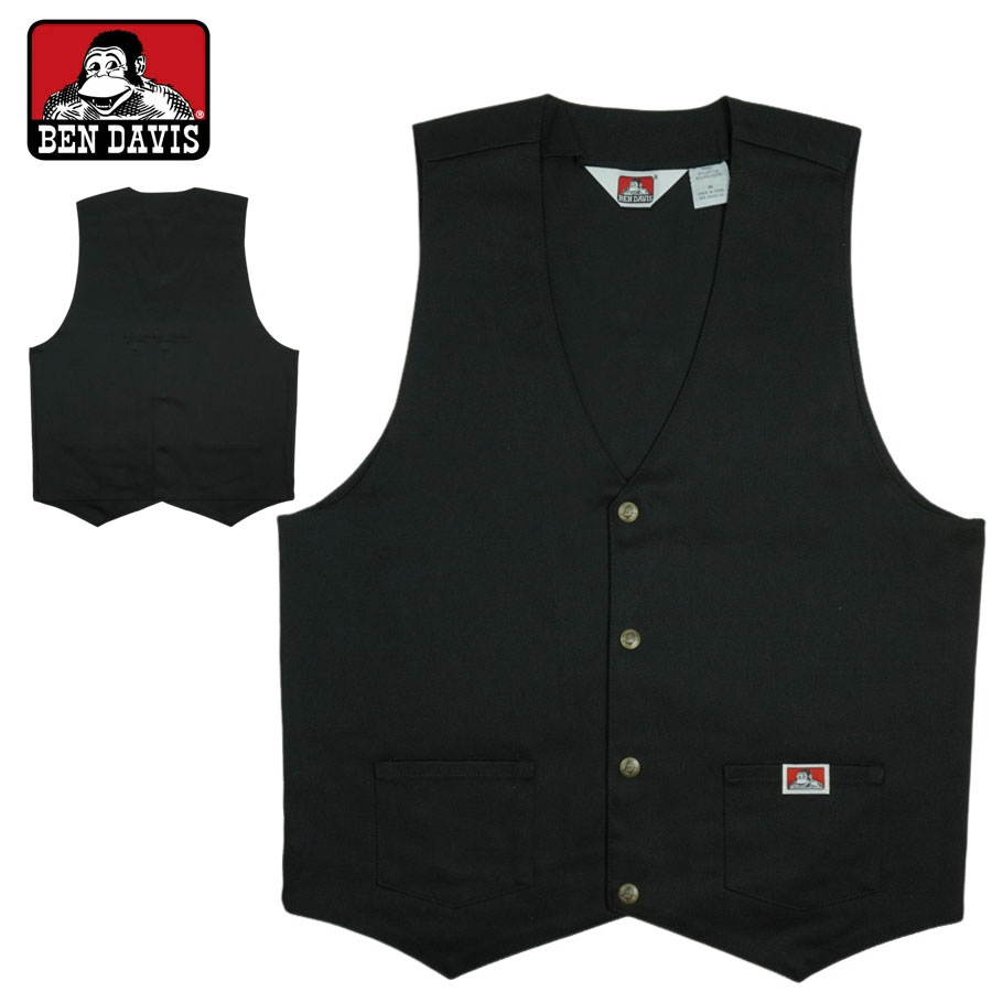 BEN DAVIS ベンデイビス ワーク ベスト WORK VEST BLACK ブラック 黒 ツイル スナップボタン ロゴ ゴリラ 男女兼用 ジーンズ ワークウェア ヴィンテージ アメカジ