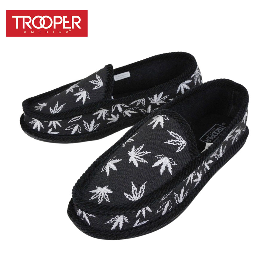 限定品】 トゥルーパー TROOPERメンズ シューズTHC-001 SLIPPERS EMBOSS LEAFBLACK WHITE ブラック  ホワイト スリッポン 靴 黒 スリッパ 草 葉っぱ 刺繍 チカーノHIPHOP ルームシューズ トゥルーパーアメリカ novomont.si