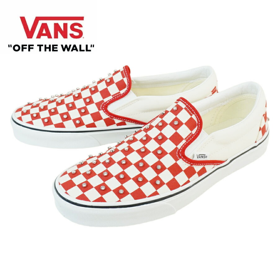 VANS スニーカー VANS ヴァンズ バンズ CLASSIC SLIP ON スリッポン スリップオン CHECKERBOARD RHINESTONE RED チェッカーボード ラインストーン レッド 赤 白 ストーン スタッズ カスタム風 メンズ レディース スニーカー 靴 紐無