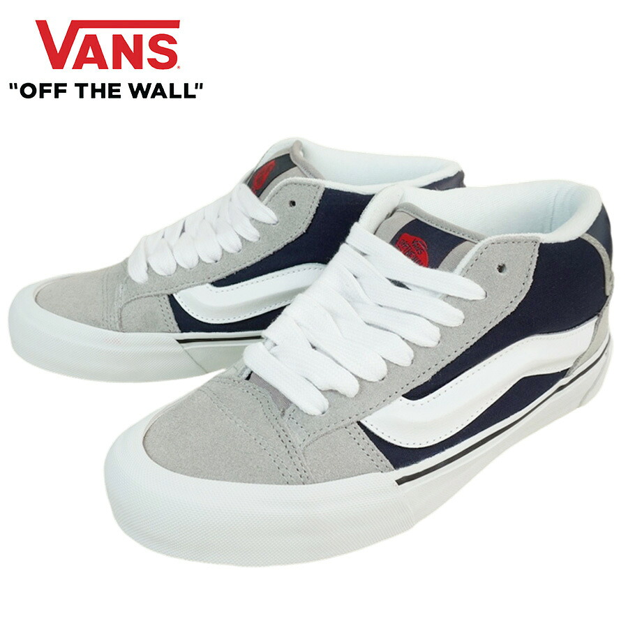 VANS スニーカーVANS ヴァンズ バンズKNU MID VARSITY DRIZZLE ニューミッド バーシティードリズルグレー ネイビー ホワイト 灰色 白 紺スウェード スエード 90s ボリュームメンズ レディース スニーカー 靴 SK8 スケボー スケシュー｜THE MATERIAL WORLD