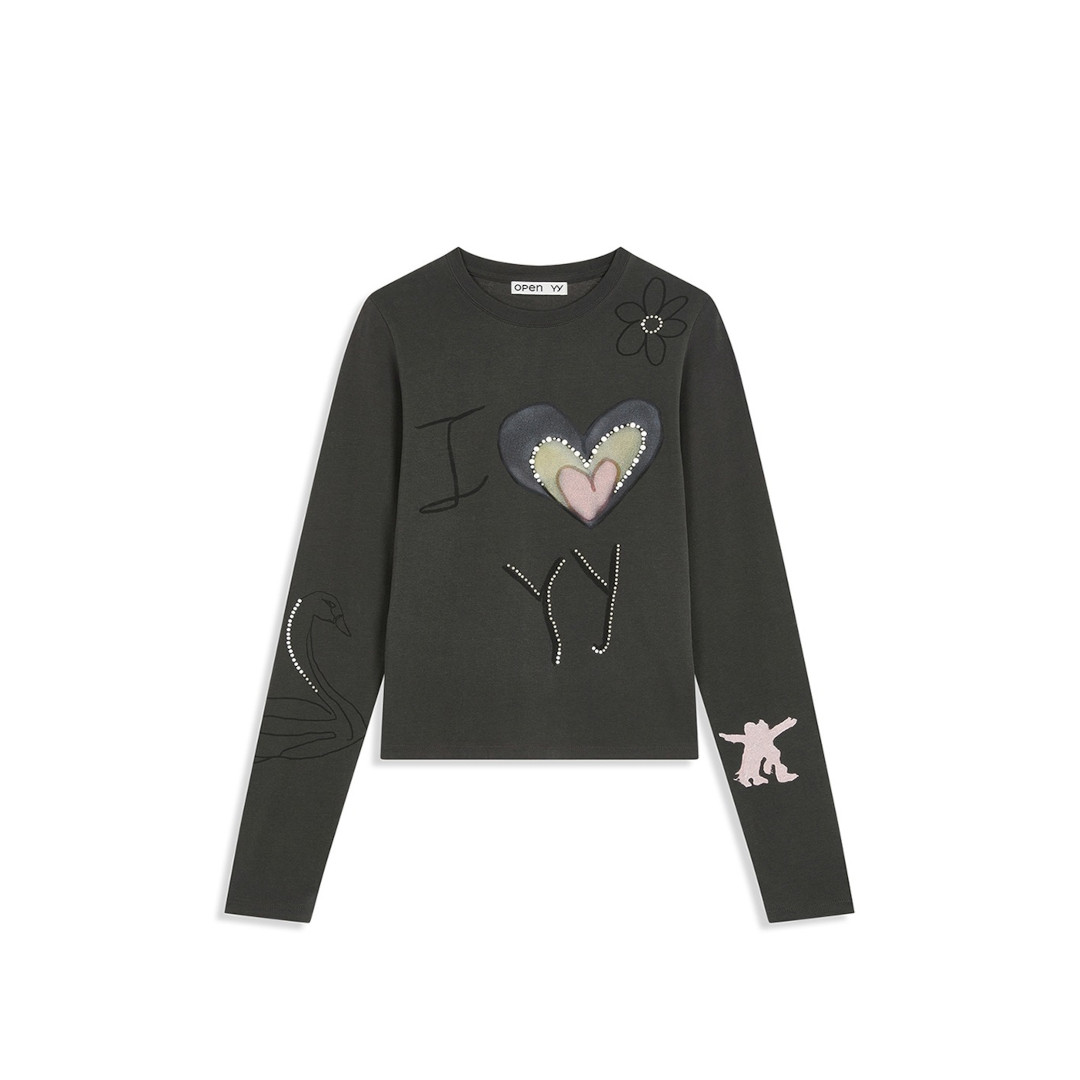 OPEN YY | オープンワイワイ BEADED I LOVE YY TEE, CHARCOAL GRAY (YY254TS002) 25AW 25秋冬 トップス Tシャツ ロングスリーブ ロンT グラフィック プリント ビーズ