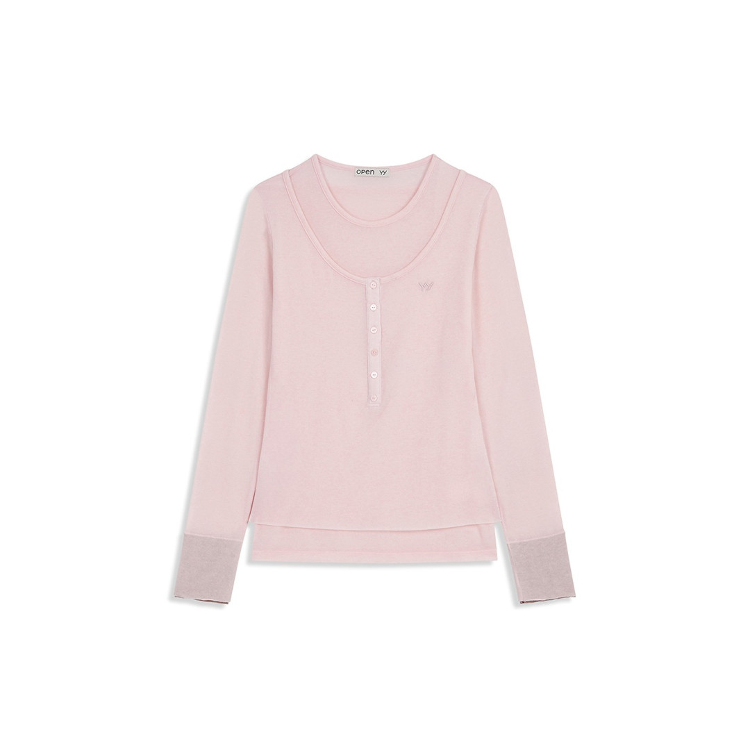 OPEN YY | オープンワイワイ LAYERED HENLEY LOUNGE TEE, PINK (YY254TS001) 25AW 25秋冬 トップス ヘンリーネック レイヤード ロングスリーブ ロンT